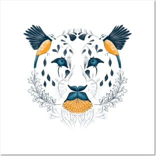 Leopard Face Symmetrical Design Combining Flora and Fauna Posters and Art